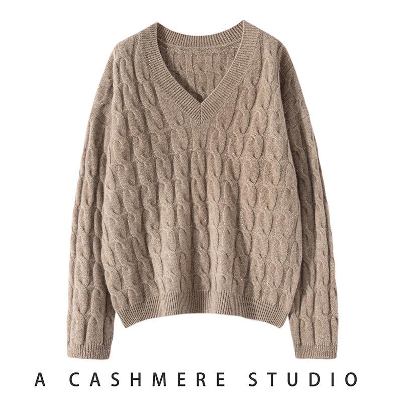 Women's V-Neck Loose Cable Knit Wool Sweater - Winter 2024 Casual Pullover Knitwear