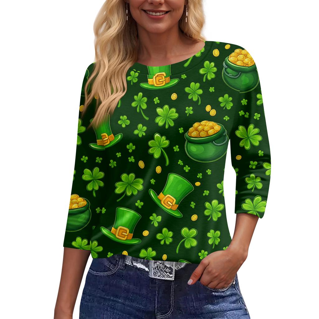 Women's Fashionable Casual Three-quarter Sleeve  Printed Round Neck Top