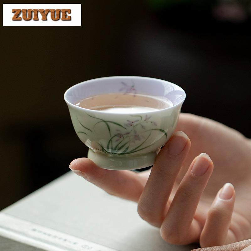 2 Stück/Los Handbemalte Orchidee Teetasse Boutique Teeschale Teetasse Set Teeverkostung Dufttasse Jianzhan Meistertassen Teegeschirr 50ml