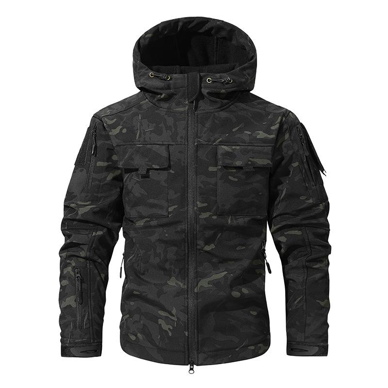 European Plus Velvet Jacket for Men, Autumn and Winter Thick and Warm Jacket, Outdoor Camouflage Waterproof Hooded Mountaineering Suit