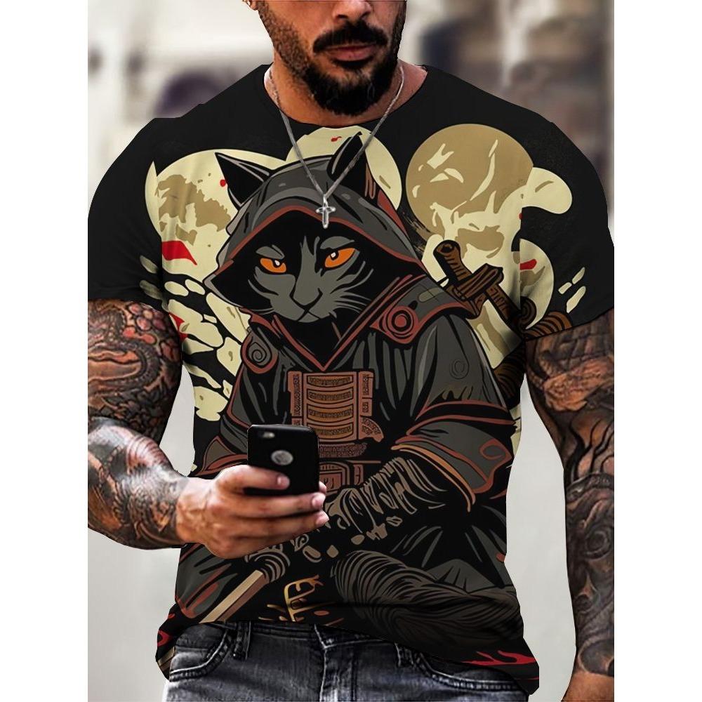 Japan Style Men's T-shirts 3D Samurai Cat Theme Print Short Sleeve T Shirts Fashion Men Women Crew Neck Tops Summer Clothing