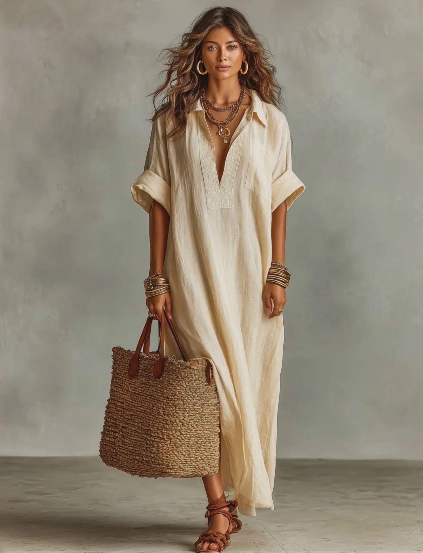 2026 European and American new women s minimalist style loose solid color short-sleeved dress S