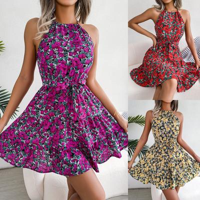 Fashion Women Bohemian Style Summer Holiday Beach Sleeveless  Flower Printed One Piece Dress