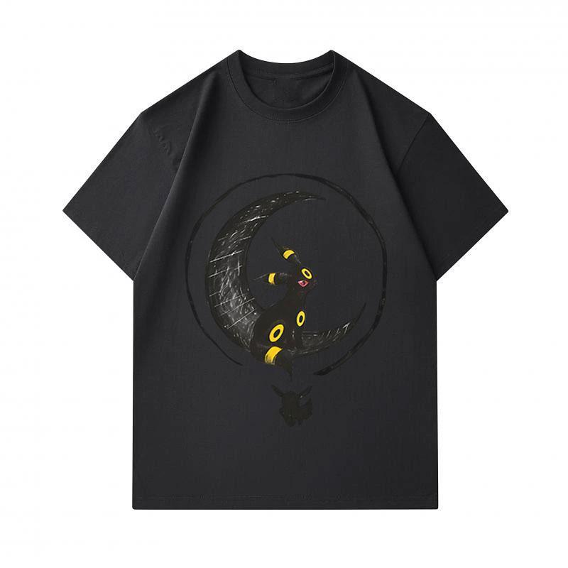 Men's 100% Cotton Crew Neck Short Sleeve T-Shirt, Casual Black Cartoon Umbreon Crescent Moon Print Tees, Comfortable Breathable Summer Daily Tops for