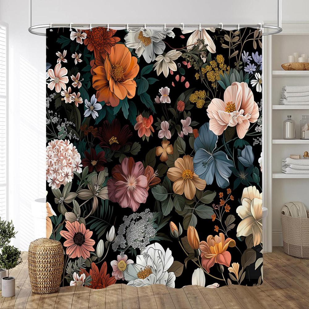 Black Background On Colourful Flowers Shower Curtain Vintage Style Artistic Creativity Print Fabric Bath Curtains Bathroom Decor