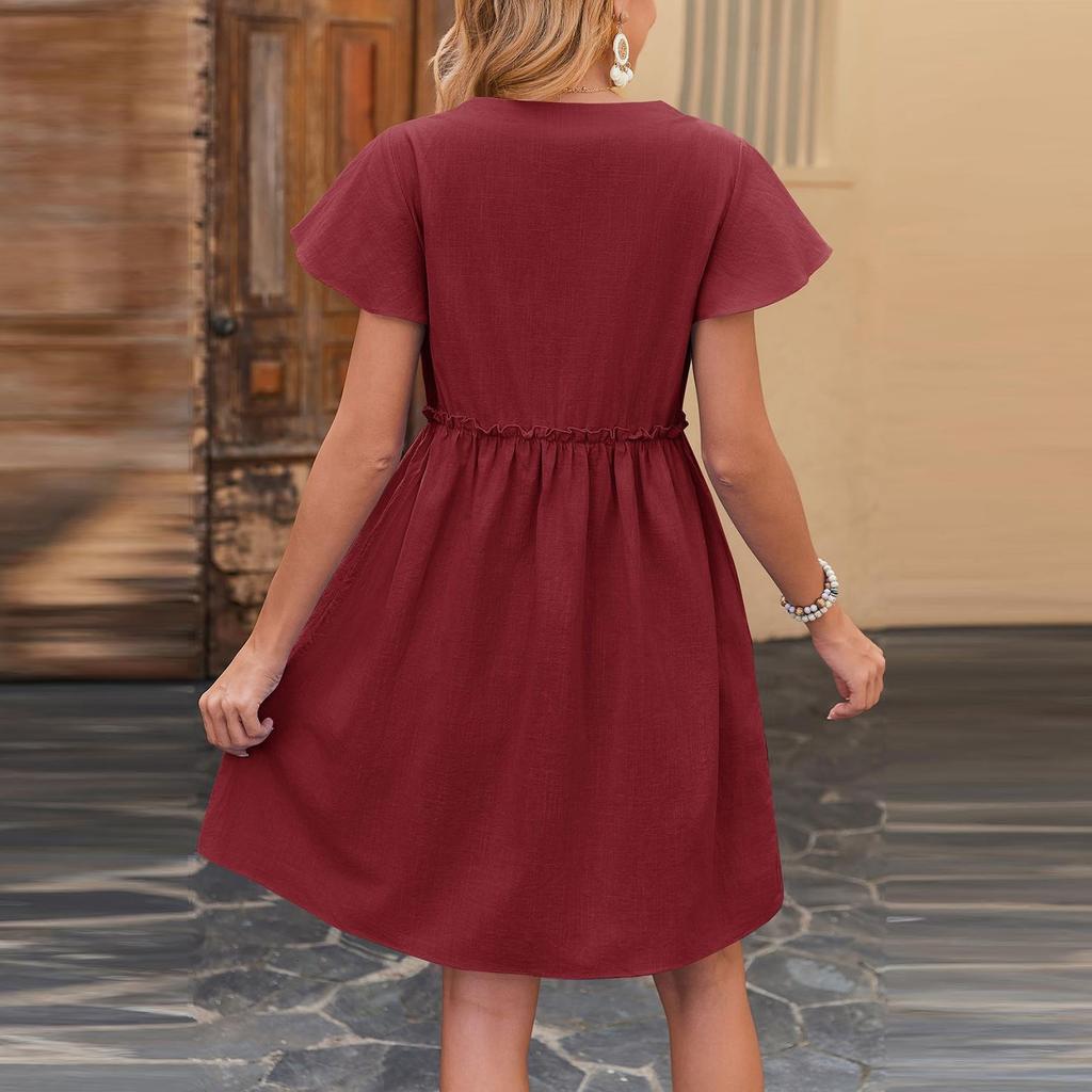 Women's Fashion Solid Color Casual Bohemian Vacation V Neck Short Sleeved Ruffle Edge Dress