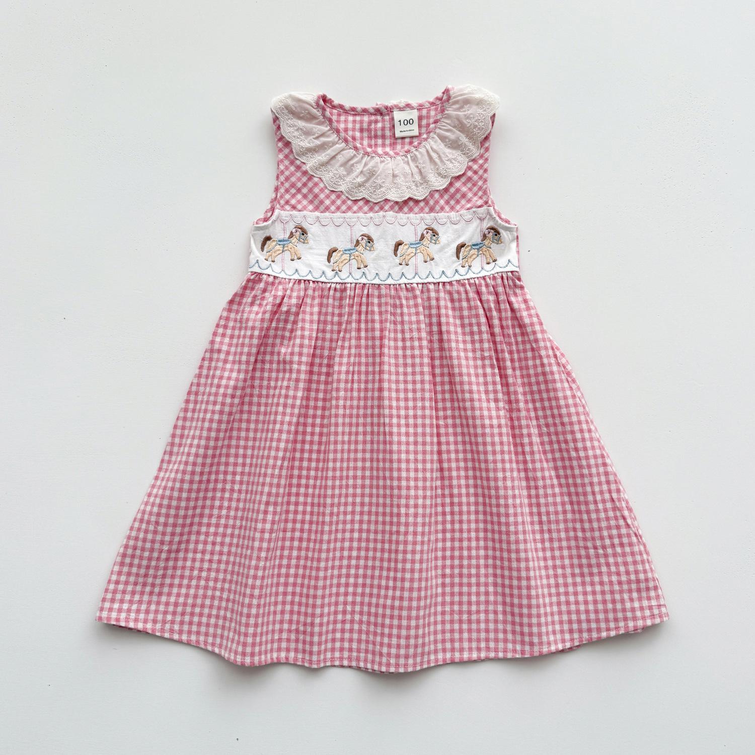 Girls Summer Sleeveless Plaid Dress Sweet Ruffled Collar Kids Vest Dress Casual Cute Children Clothing 90cm
