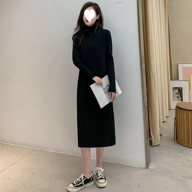 Autumn and winter with coat sweater skirt women's semi-turtleneck loose long-sleeved inner with medium and long bottom knee-length knitted dress