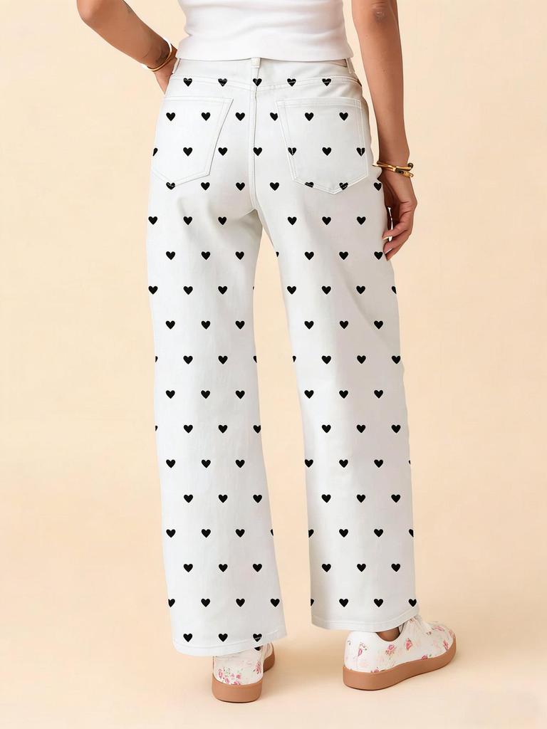 Women's White Heart Denim Pants - High Stretch, Slim Fit, Wide Leg