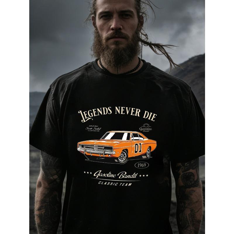 Black T Shirt with Orange Classic Car And Legends Never Die Print for Men Casual Streetwear Fashion, Plus Size
