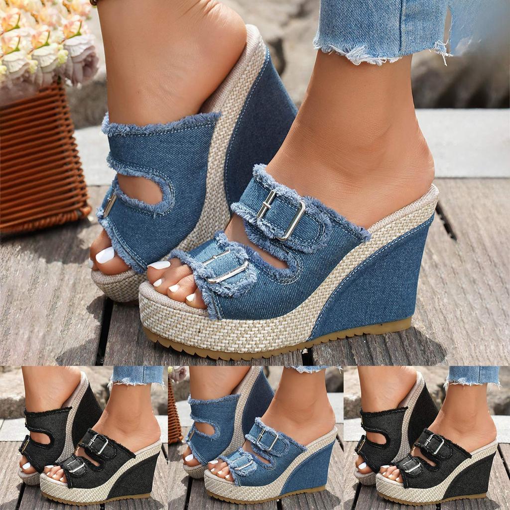 Jeans Patchwork Sandals Women'S Shoes Thick Soled Wedge Heeled Sandal Fashion Casual Fish Mouth Cloth High Heeled Sandalias