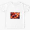 An Art Illustration of a Sports Car Racing Through Fire In the Style of Futuristic Glam Kids T-Shirt