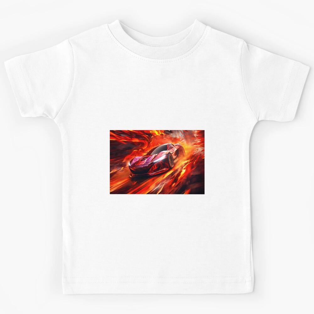 An art illustration of a sports car racing through fire in the style of futuristic glam Kids T-Shirt 170