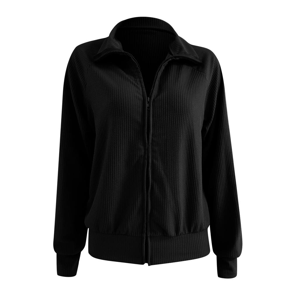 Kvinners uformelle solid stripe løs strikket glidelås cardigan langermet jakkeslag