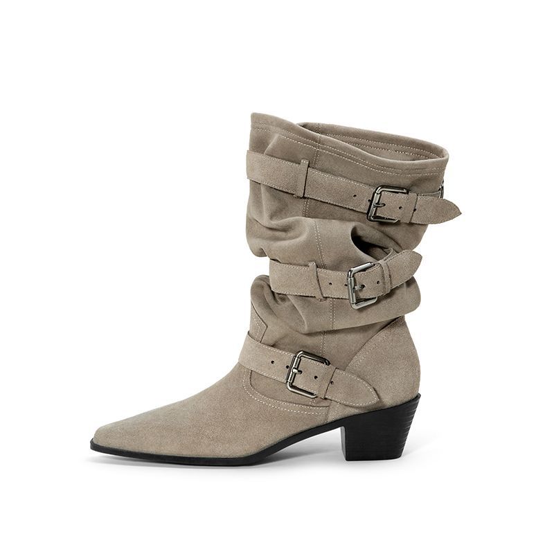 

Новые замшевые ботильоны с острым носком 2025 осень-зима новые ковбойские сапоги в стиле вестерн ретро с широким голенищем 40 песочный