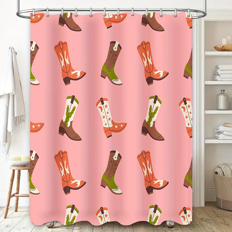 Western Style Shower Curtain Pink Color Boot Print Pattern Waterproof Washable Bathroom Decorative Curtains For Home Decoration