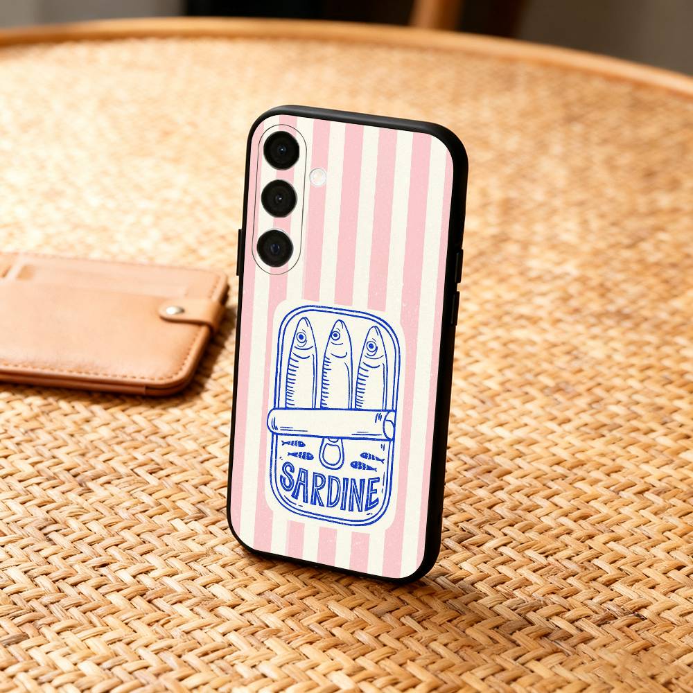 V-Vintage Canned Sardines Phone Case For Samsung A73,72,71,53,52,51,22,91,80, Soft Black Cover
