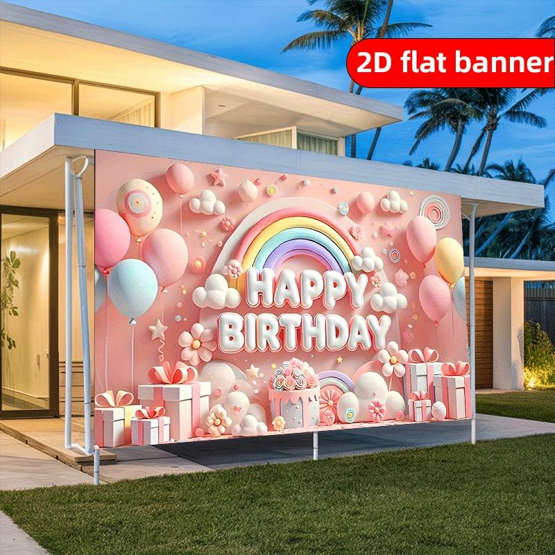 2D Flat Banner 1PC Colorful Rainbow Clouds and Balloons Birthday Background Happy Birthday Text Pattern Photography Background