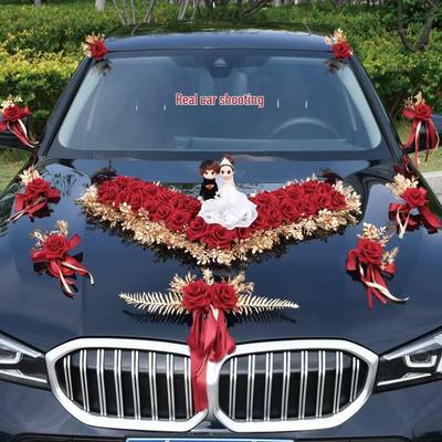 Wedding Car Decor Set: Main Car Decorations, Sub-Car Head Flowers, Crown, Bride Ceremony Arrangement, Simulated Wedding Car Floral Pulls