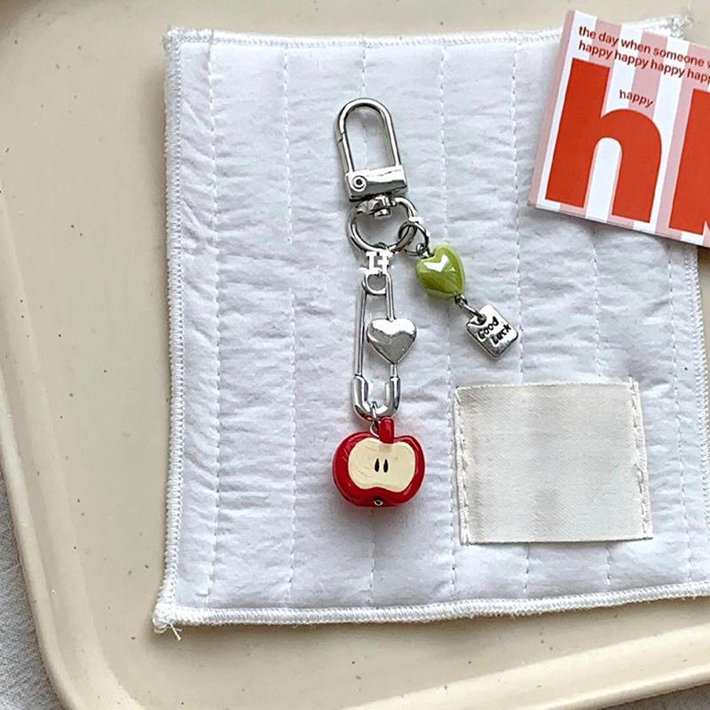 Sweet Fresh Heart Apple Keychain Phone Chain Lucky Beaded Pendant Charms Backpack Decoration Girls  Camera Lanyard