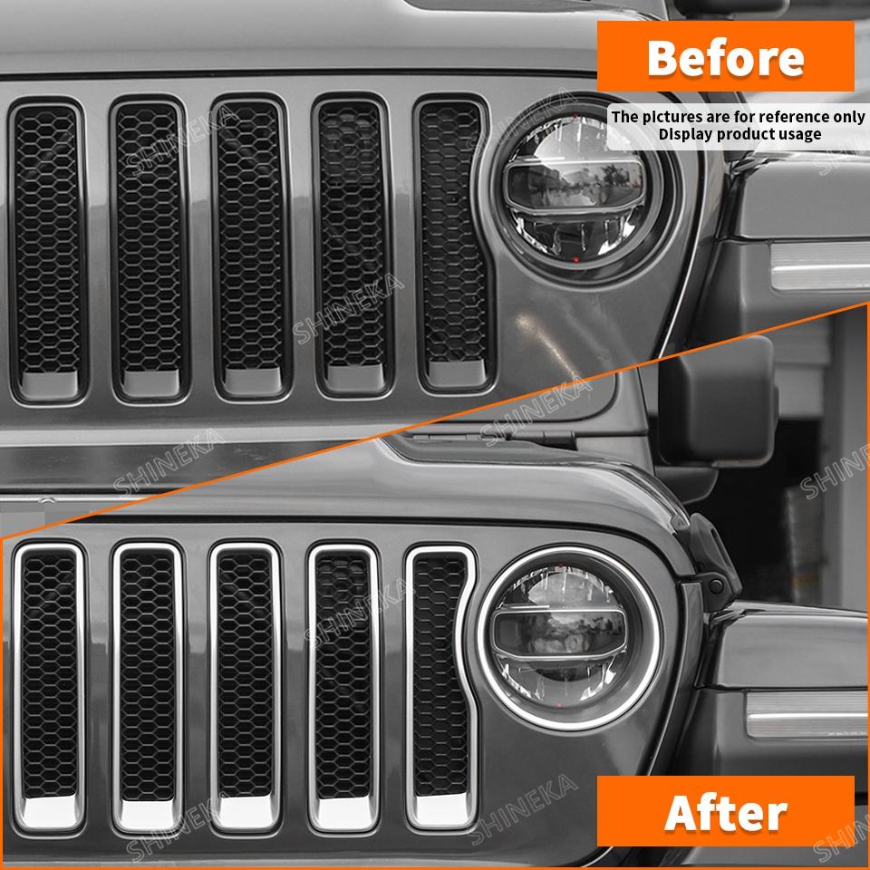SHINEKA ABS Car Exterior Front Headlight Lamp & Racing Front Grille Decoration Cover for Jeep Wrangler JL Gladiator JT 2018 Up