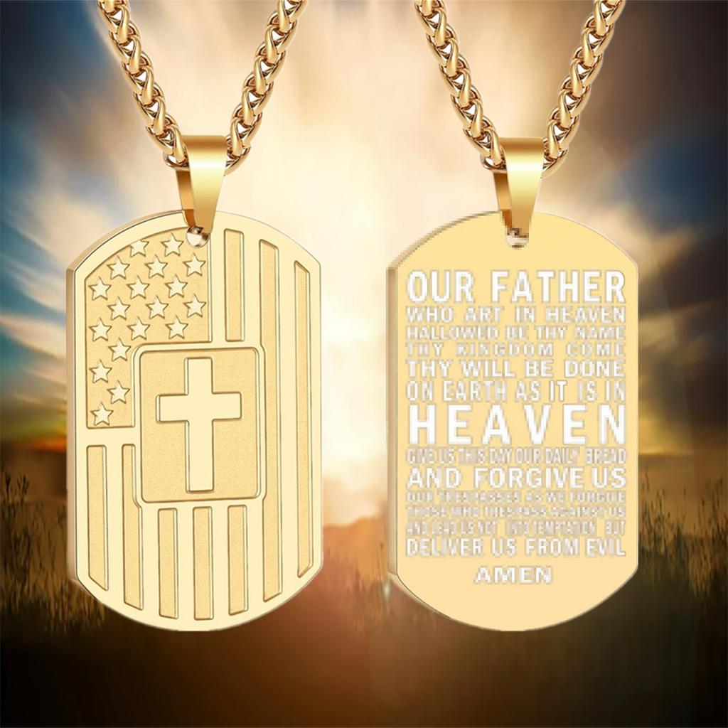 American Flag Stars and Stripes Trendy Fashion Lettering Cross Dog Tag Pendant Necklace
