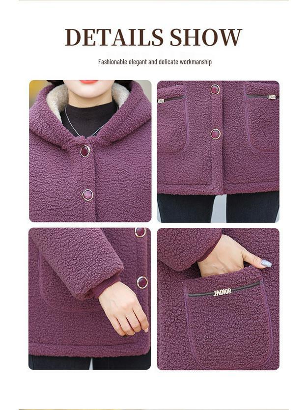 Mamas Herbst-/Winter-Kapuzenjacke aus Lammwolle für Damen, Plüsch-Samt, Verdickte warme Baumwolle für mittlere und ältere Menschen, Strukturierter Samt
