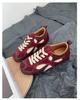 Fashion Women's Sneakers Thin-soled Designer Shoes New Wine Red Retro Cow Leather Splicing Design Walking Shoes Skeleton Correction 40