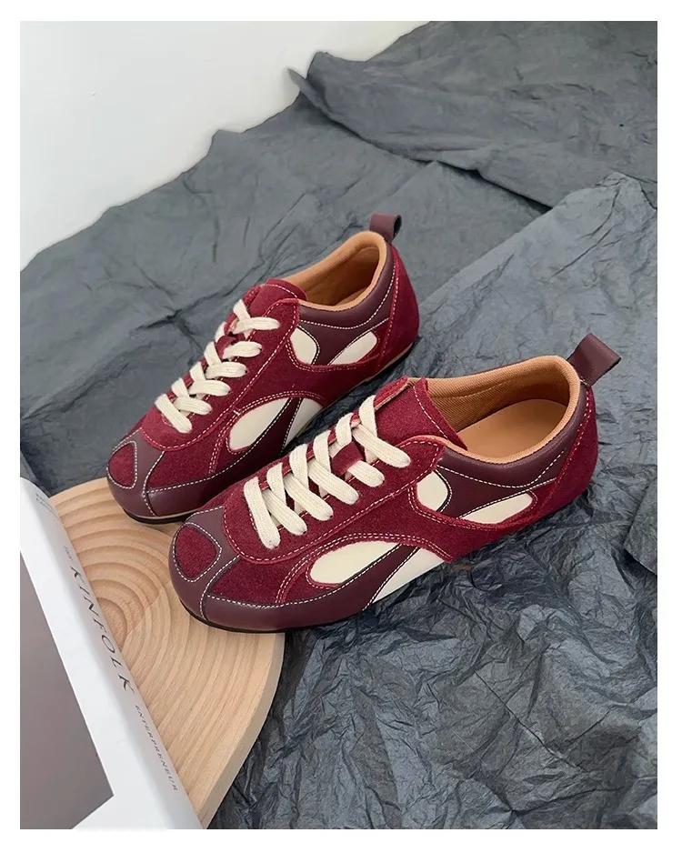 Fashion Women's Sneakers Thin-soled Designer Shoes New Wine Red Retro Cow Leather Splicing Design Walking Shoes Skeleton Correction 40