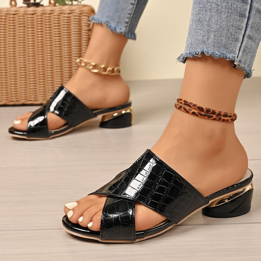 New Large Size Coarse Heel Slippers Shoes South East Asia Low Heel Fish Mouth Cross Belt Slippers