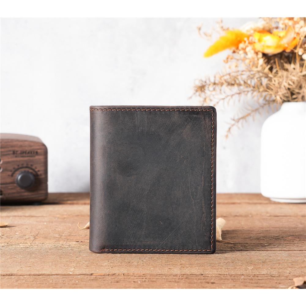 2025 Unisex Vintage Crazy Horse Full-Grain Wallet vertical Bifold Leather Card Holder Retro Brown for Students Daily/Travel Use