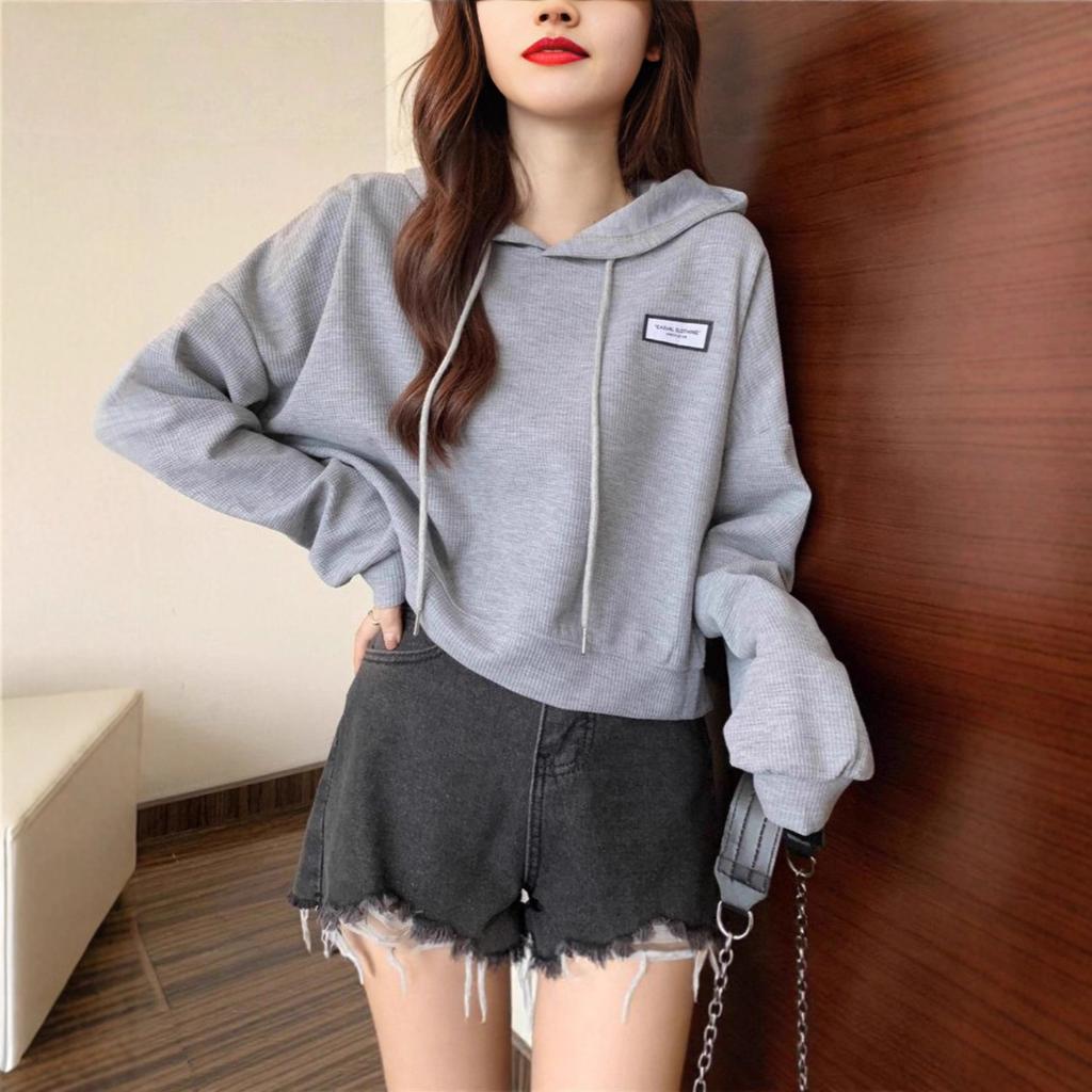Women's Hooded Pullover Hoodie Loose Fit Solid Casual Spring Fall Waffle Knit Cropped Tops