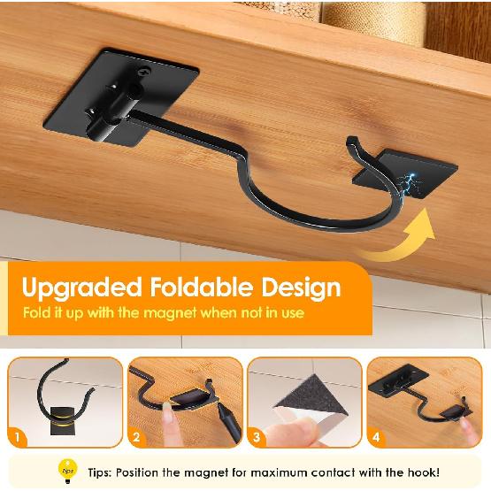 Self Adhesive Banana Hook Under Cabinet Foldable Banana Hanger Black Metal Under Counter Banana Hook to Keep Bananas Fresh Banana Holder for Kitchen
