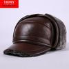 Unisex Dark Red Genuine Leather Sheepskin Flat Cap - Korean Style Warm Duckbill Cotton Hat for Autumn & Winter