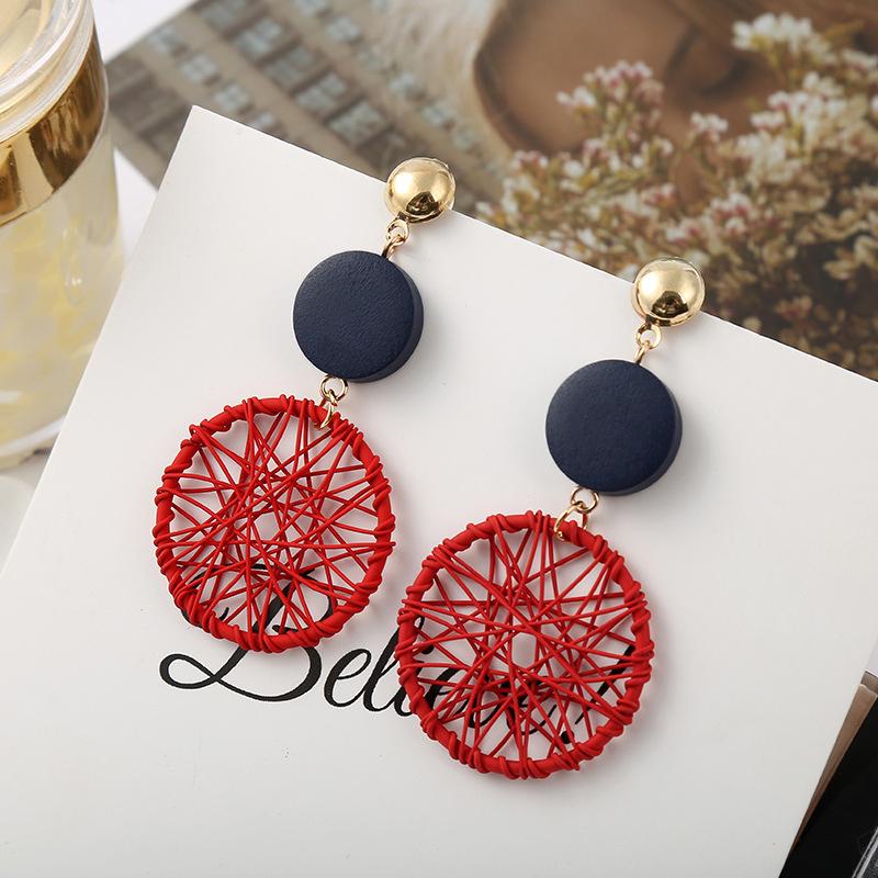 Hollow Woven Net Dangle Earrings for Women Fashion Funny Wooden Round Pendants Drop Earrings Cool Stuff long hanging earrings