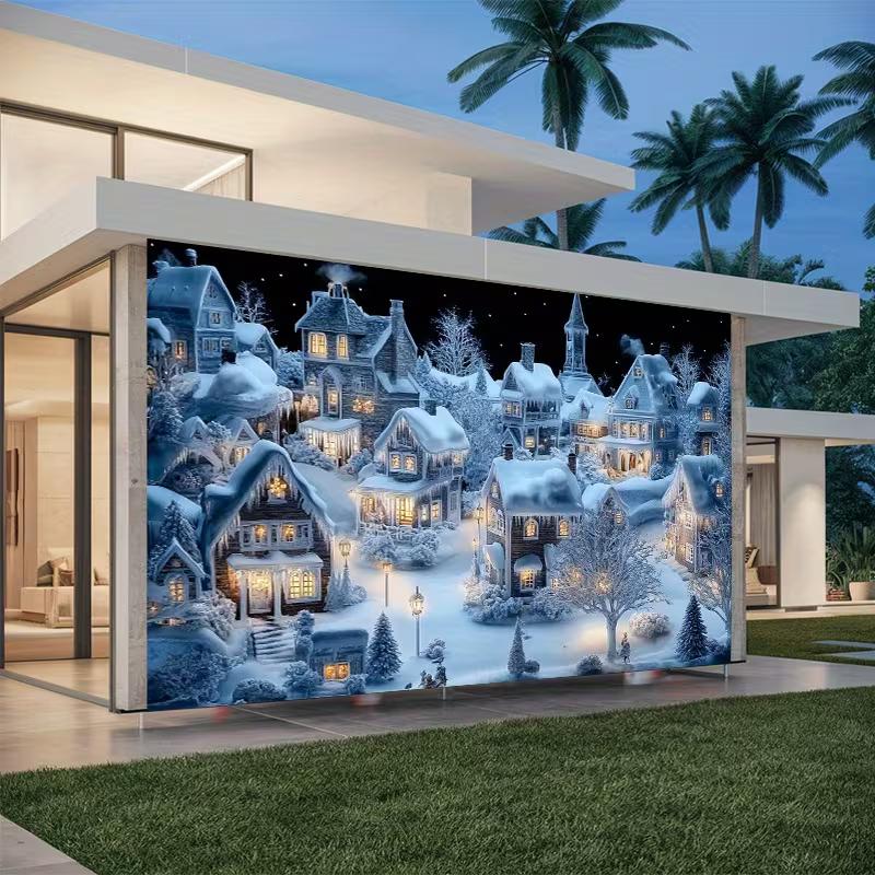 2D Flat Printing Christmas Backdrop, Snowy Houses & Street Lights Banner