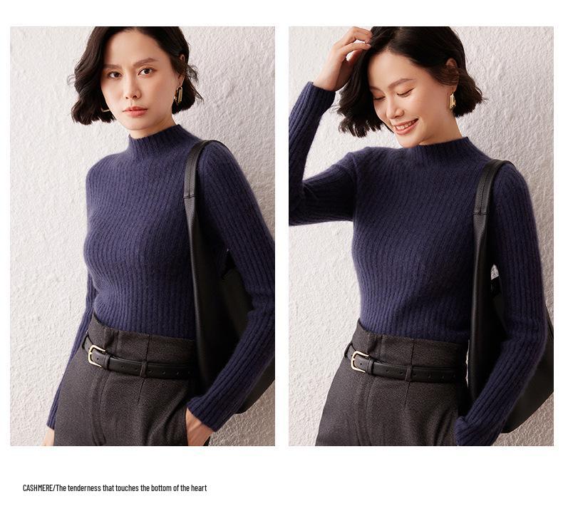 Women's Striped Cashmere Sweater - Autumn/Winter, Half-High Neck, Slim-Fit, Knitted Base Layer