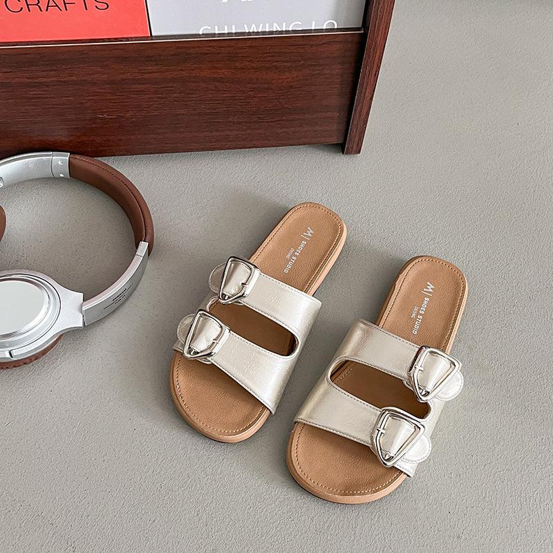 

Flat bottom one-word drag women s model 2025 summer new one-pedal lazy versatile outer wear belt buckle beach cool slippers 40 золотий