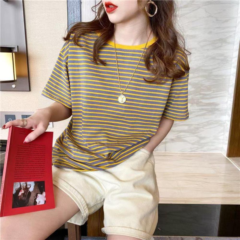 Top da studente a righe larghe, morbida T-shirt, da donna, estiva, coreana, Sle F Sve Ort Sve, top in puro poliestere, versatile, abbigliamento casual