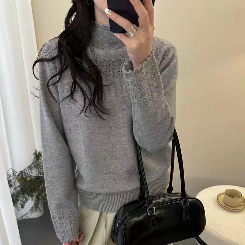 Rhinestone Jacquard Ruffled High-Neck Women's Soft Pullover Sweater