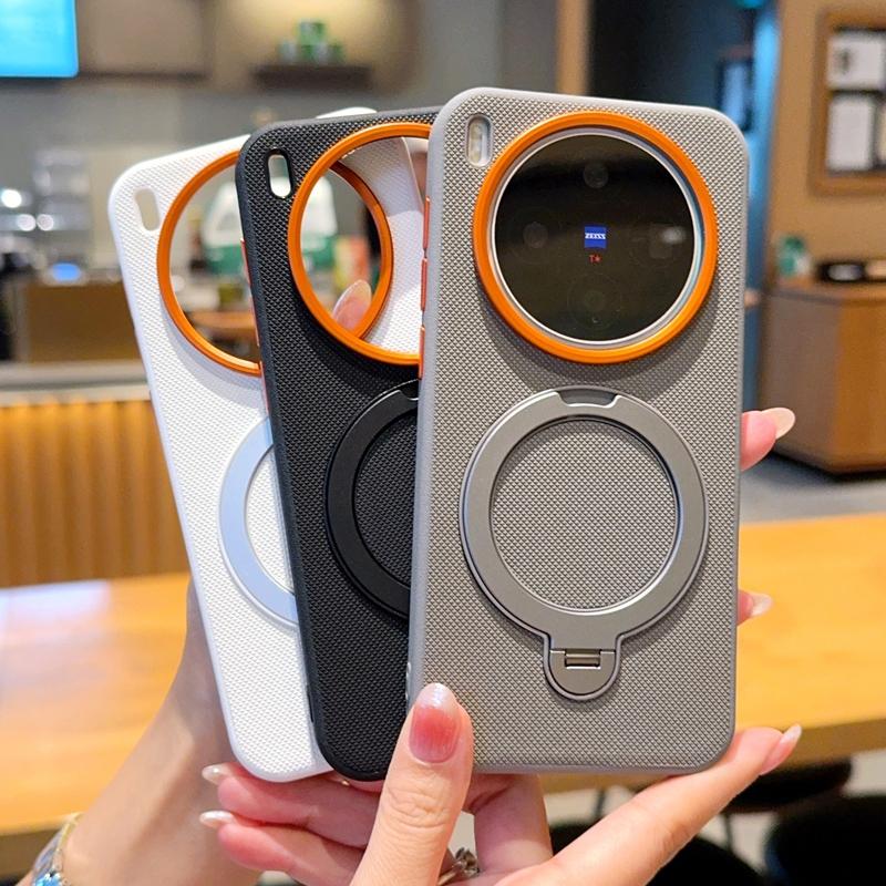 For Vivo X300 and Vivo X300 Pro Case Magnetic Metal 360° Rotation Holder Stand Grid Pattern Leather Good Grip Soft Back Cover