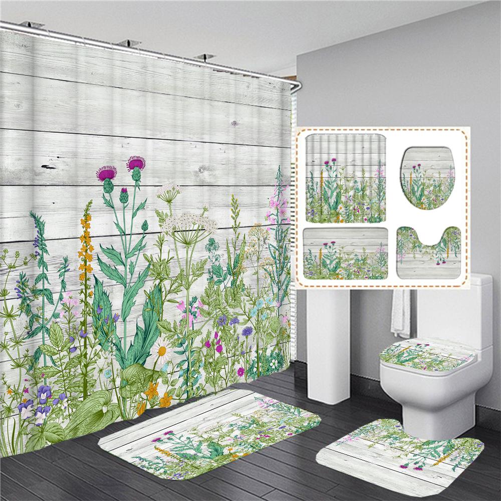 

Plank Lavender Pattern Shower Curtain Set Toilet Cover Rug Carpets Non-Slip Kitchen Bath Mat Wooden Board Bathroom Sets Decor W60H190(CM)-1 Pcs
