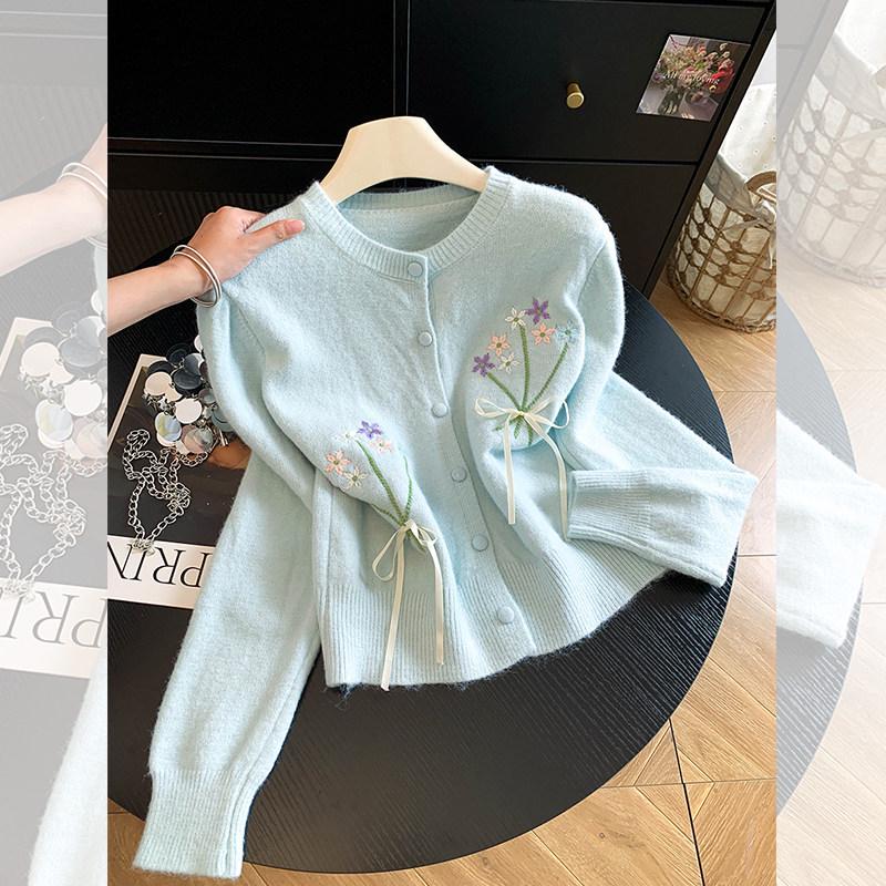 Women's Blue Floral Knit Cardigan - Round Neck, Bow Tie, Lace-Up Details, Elegant Early Autumn Style
