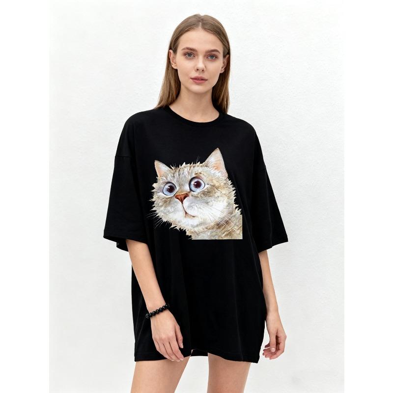 Oversized T Shirt Black Cat Face Print Casual Wear for Women