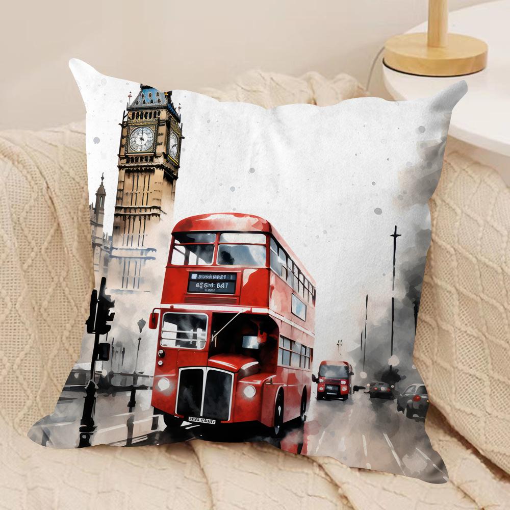 London Red Bus Print Cushion Cover Silky Short Plush Invisible Zipper Dustproof Sofa Pillow Case for Home Decor