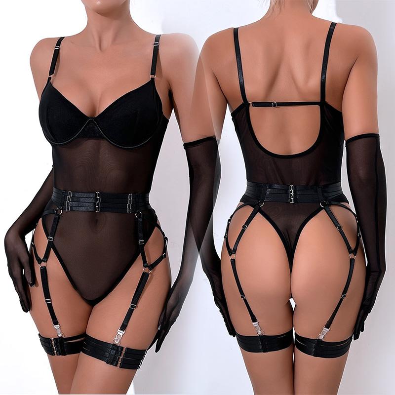 Tight Fitting Lace Bra Set See Through Bodysuit Sexy Lingerie Erotic Woman Body With Gloves Garter Outfit Baby Doll Xxx Sex Shop