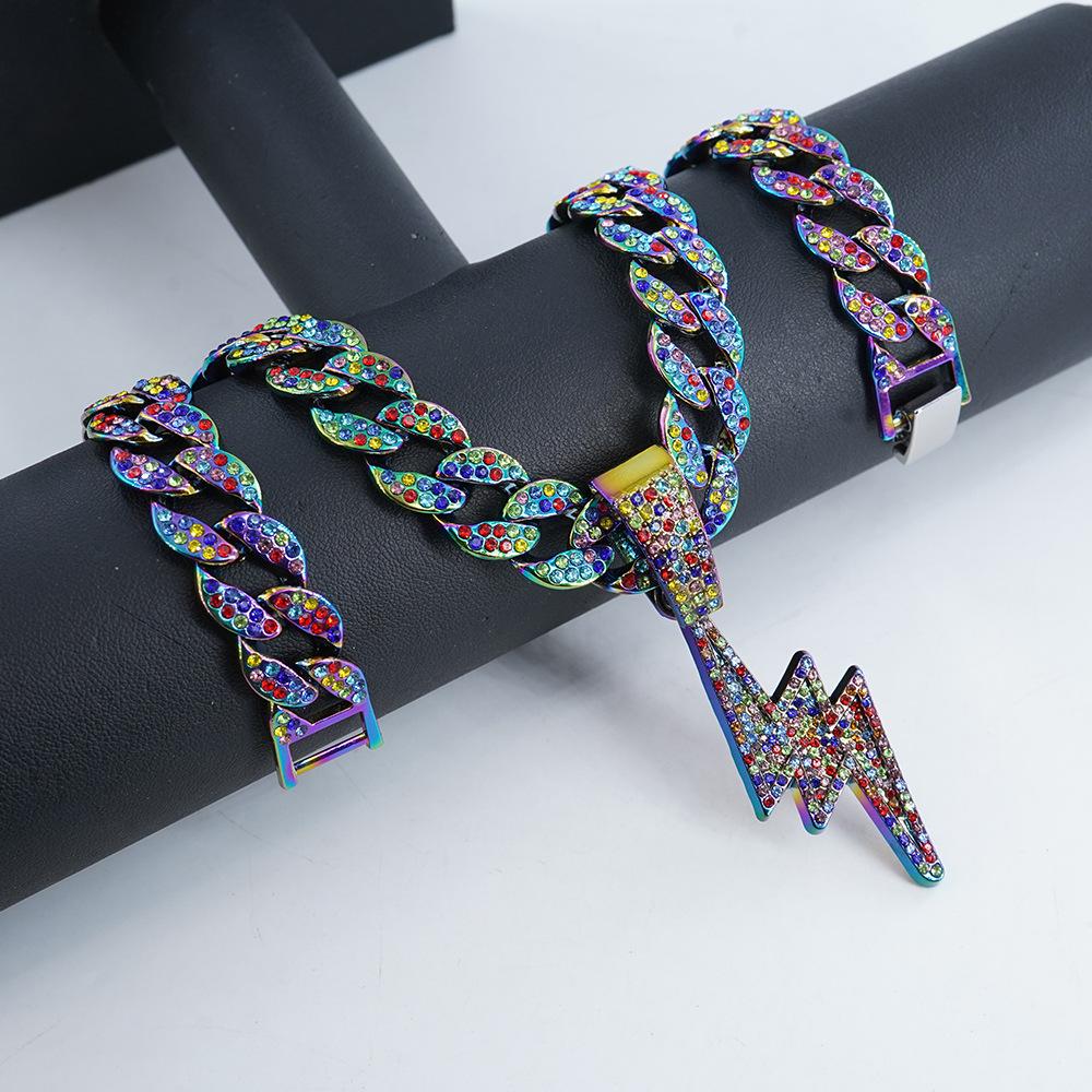 Light Luxury, Cool, Fully Diamond-encrusted, Colorful Lightning Pendant Necklace, Hip-hop Style, Street Dance, Rap, Clothing, Men's Accessories
