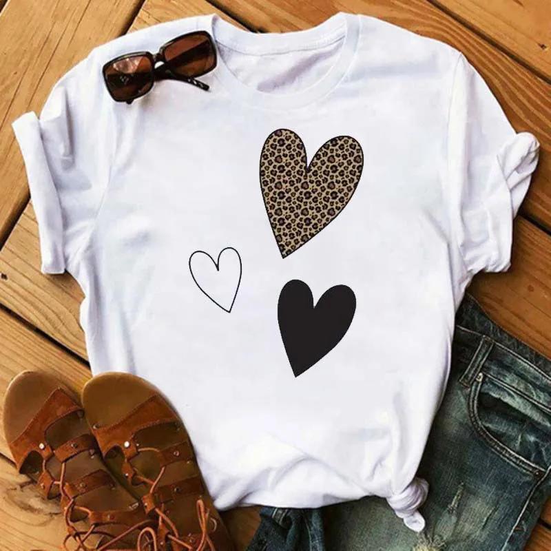 Leopard Love Heart Print Women Fashion T Shirt Black Female Short Sleeve Graphic Tops Women Sleeved Harajuk Streetwear Casual