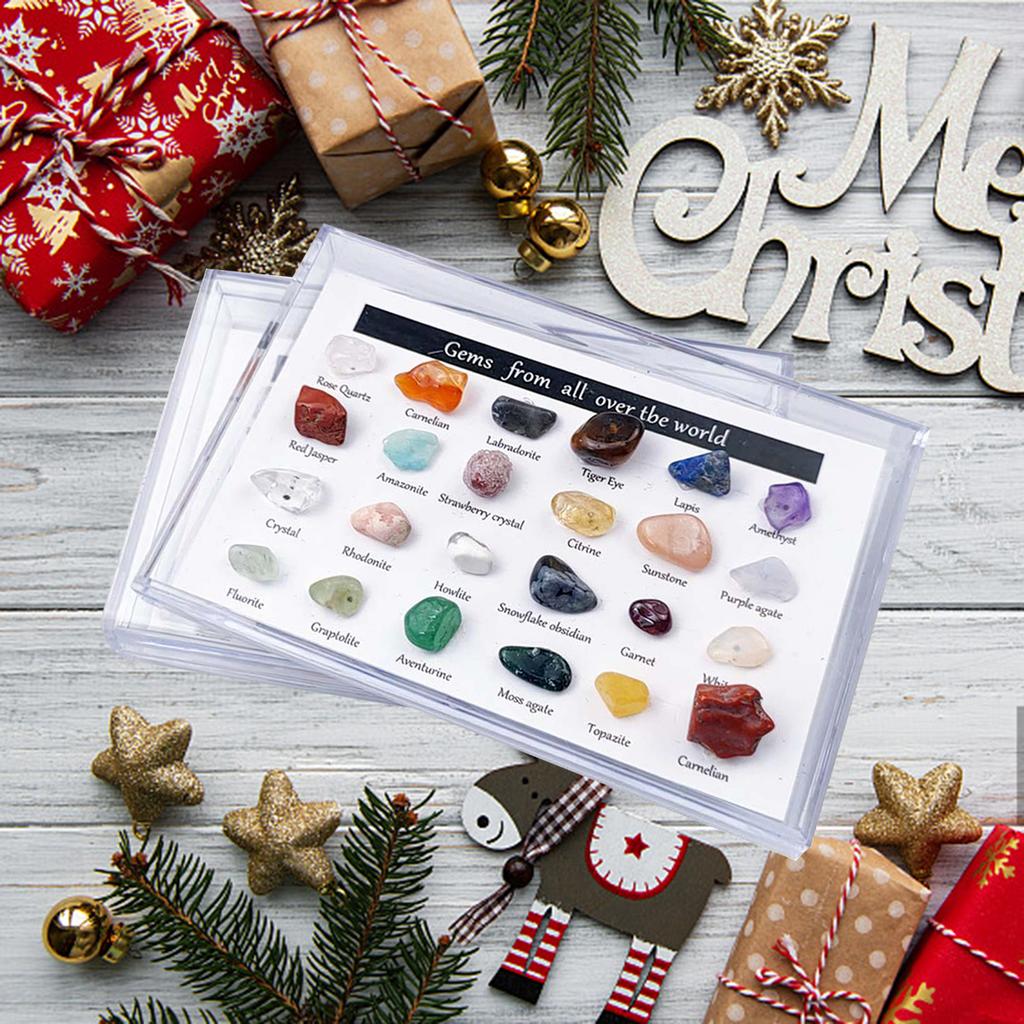 24Pc Rock & Mineral Collection with Collector Box/Display Case, ID Sheet, Gemstone Crystal Kit, STEM Geology Science Education