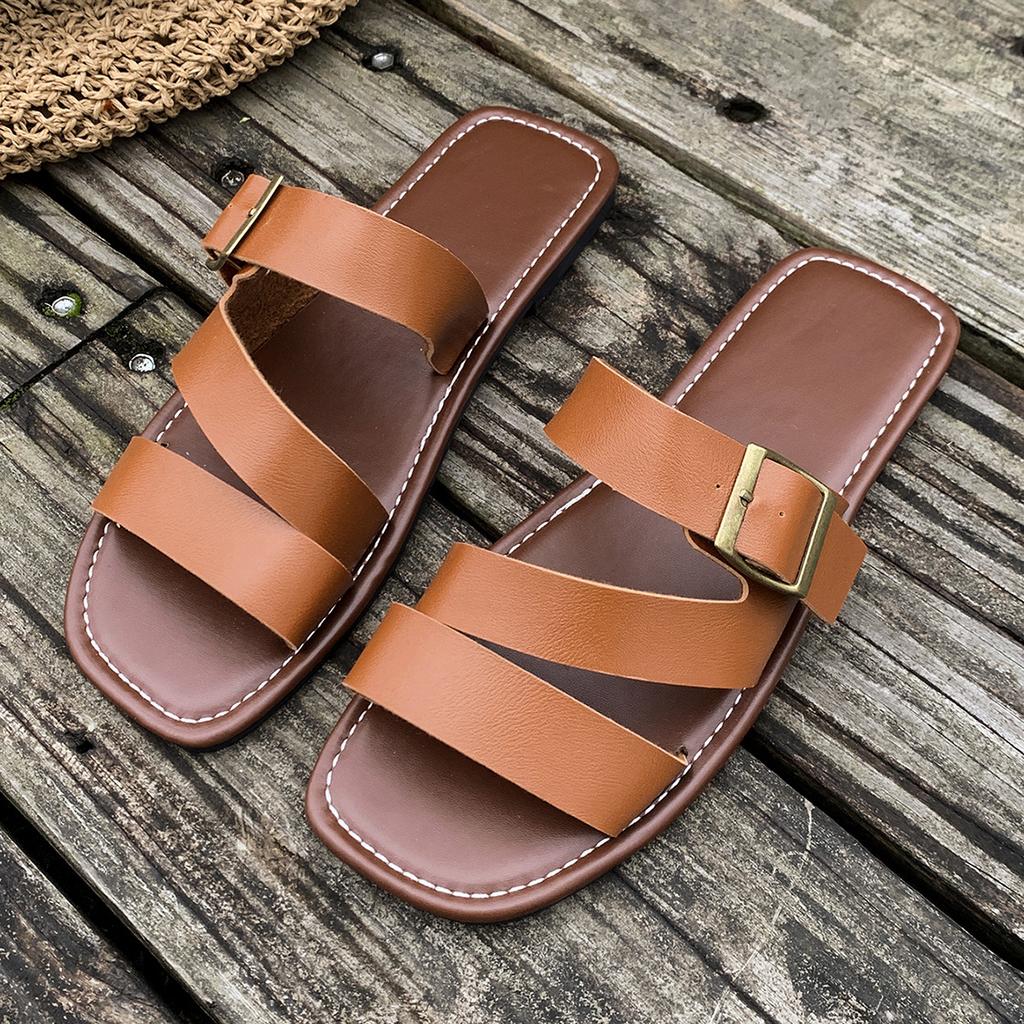 European and American foreign trade large size buckle flat bottom one-word shoes women's open-toed retro wind beach cool slippers 2025